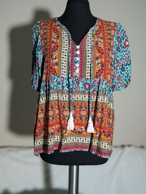 Thrifted SHEIN Teal and Orange Boho Tassel Peasant Top